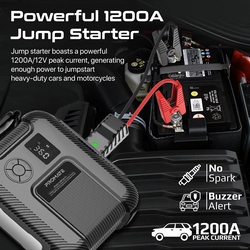 Promate Car Jump Starter with 150PSI Air Compressor, 16000mAh Dual USB Power Bank, 1200A/12V Peak Current, Built-In TPMS, LED Flashlight and Smart Clamp for Cars, Motorcycles, Smartphones